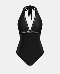 Cupshe Women's V-Neck Halter One-Piece Swimsuit with Mesh Trim