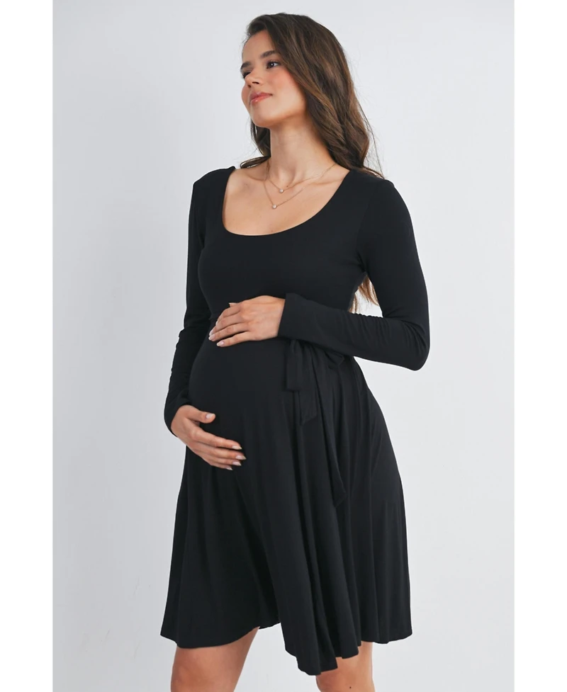 Hello Miz Maternity Scoop Neck Long Sleeve Tie Waist Dress