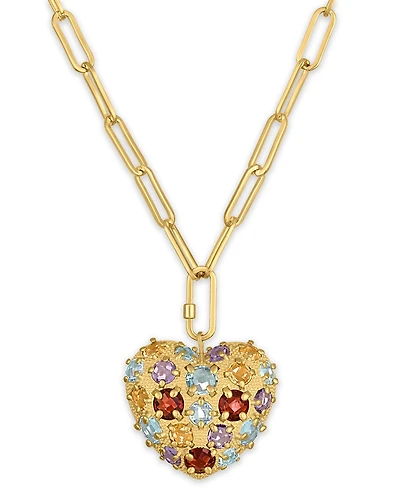Macy's Multi-Gemstone (8.225 ct. t.w.) Carabiner Heart Paperclip Link Necklace in 14k Gold Over Sterling Silver