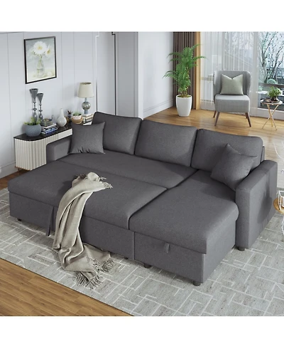 Streamdale Furniture Upholstery Sleeper Sectional Sofa With Storage Space, 2 Tossing Cushions