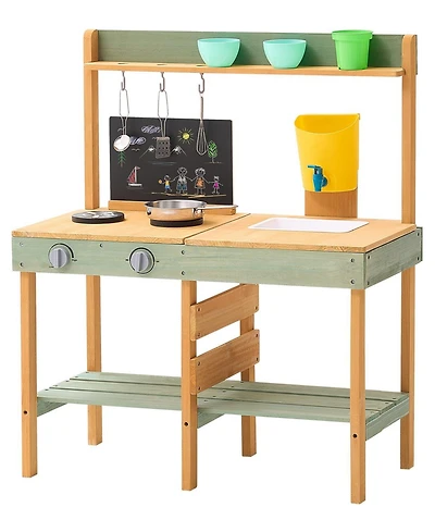 Sugift Outdoor Mud Kitchen with Planter Box, Blackboard & Faucet