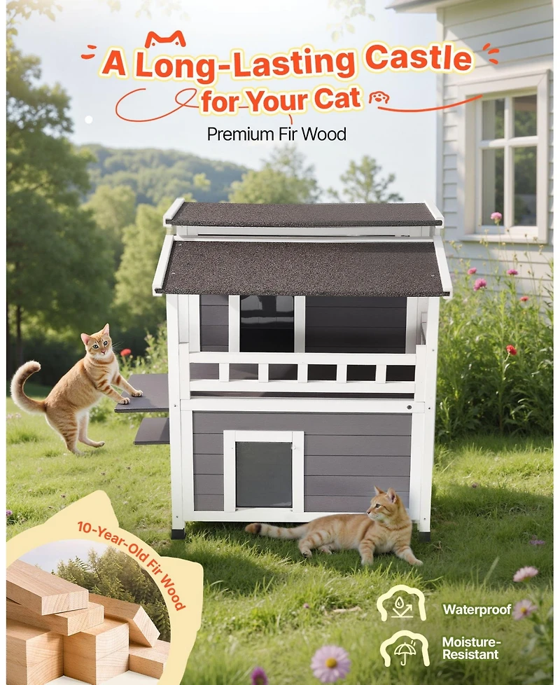 Cozito Insulated 2-Story Wooden Outdoor Cat House with Balcony, 33