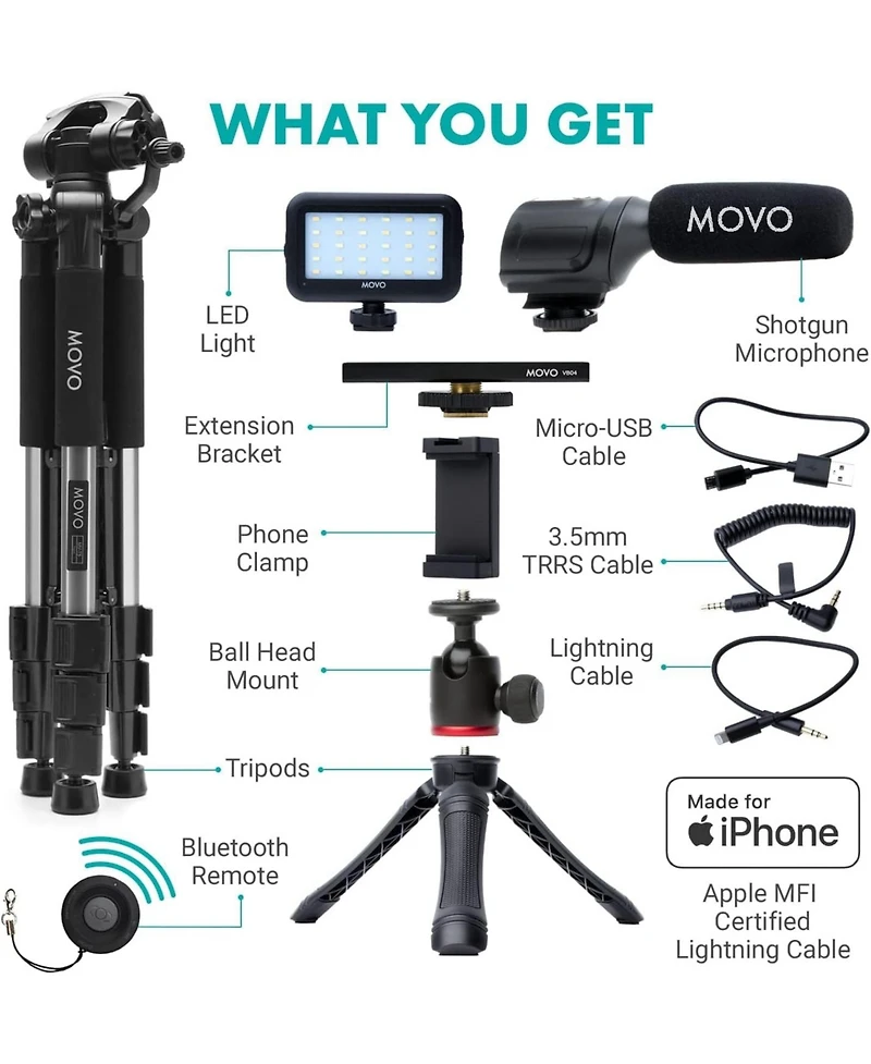 Movo iVlogger Vlogging Kit for iPhone with Fullsize Tripod