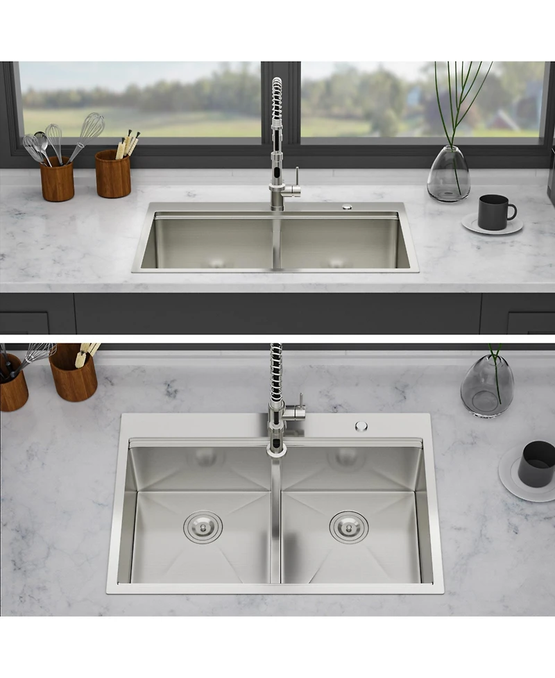 flynama 36x22x10inch Topmount Double Bowl Kitchen Sink 16 Gauge Stainless Steel 50 and 50 Split Brushed Nickel