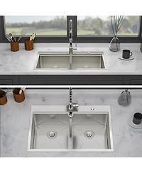 flynama 36x22x10inch Topmount Double Bowl Kitchen Sink 16 Gauge Stainless Steel 50 and 50 Split Brushed Nickel
