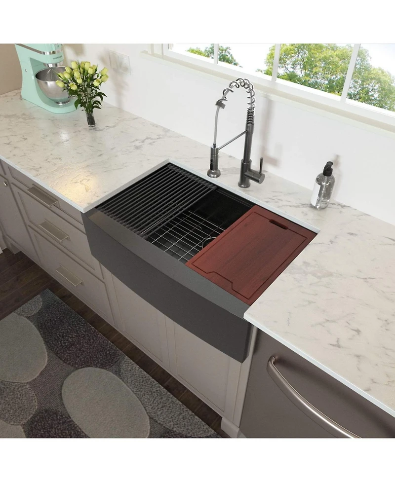 flynama 36x22x10inch Gunmetal Black Farmhouse Kitchen Sink Apron Front Workstation Stainless Steel