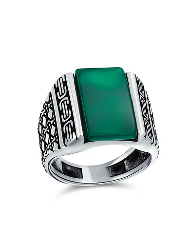 Bling Jewelry Cable Etching Band Natural Green Agate Rectangle Signet Ring Heavy .925 Sterling Silver