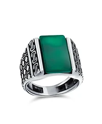 Bling Jewelry Cable Etching Band Natural Green Agate Rectangle Signet Ring Heavy .925 Sterling Silver