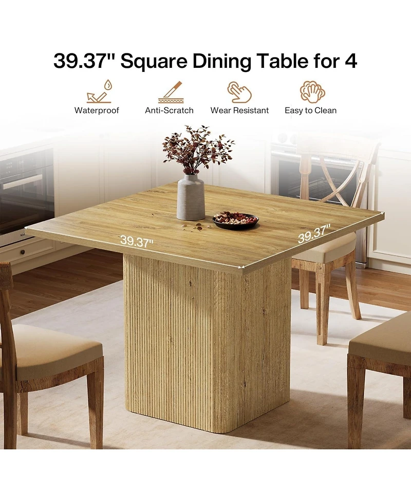 Tribesigns 39-Inch Square Dining Table for 4, Small Fluted Kitchen Table with Pedestal Base, Farmhouse Style, Natural