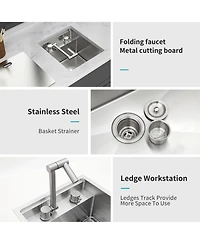 flynama 15x17x9inch Undermount Bar Sink with Folding Faucet Single Bowl 16 Gauge Stainless Steel