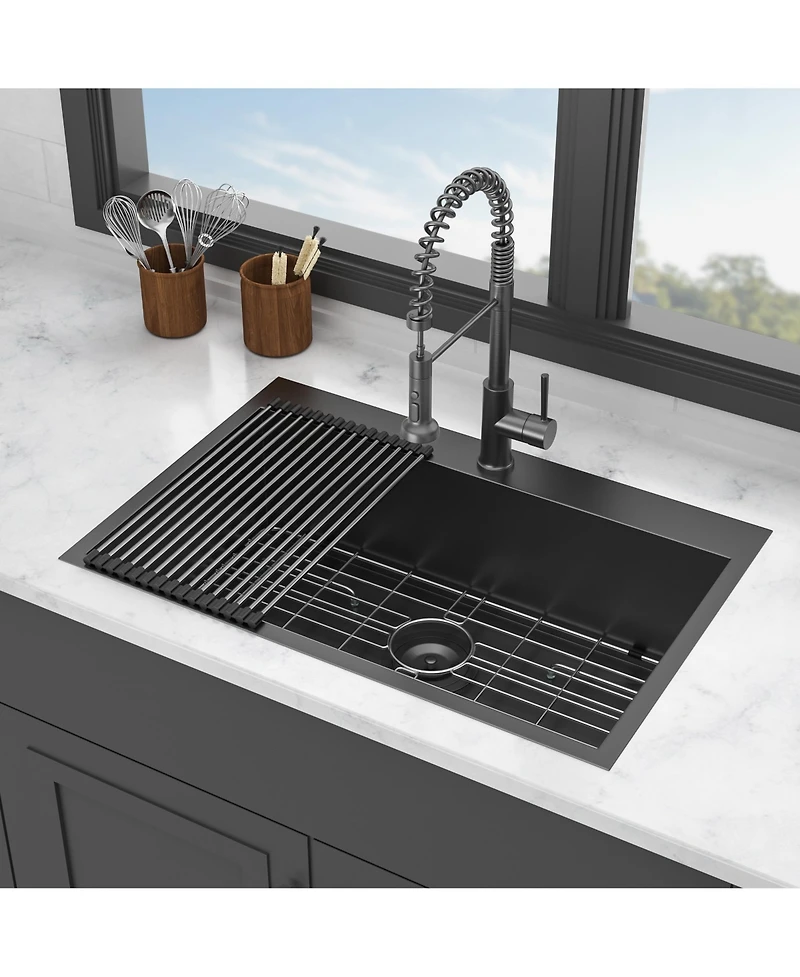 huluwat 30x22x9inch Drop In Kitchen Sink Gunmetal Black Stainless Steel 16 Gauge Topmount