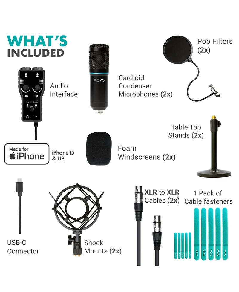 Movo iPhone 15/16 Usb-c Podcast Equipment Bundle Compatible with iPhone 15/16, iPad-Pro (Usb-c)