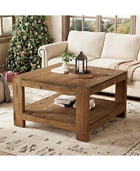 Tribesigns 31.5" Square Solid Wood Coffee Table, 2-Tier Farmhouse Center Table for Living Room & Office, Rustic Brown