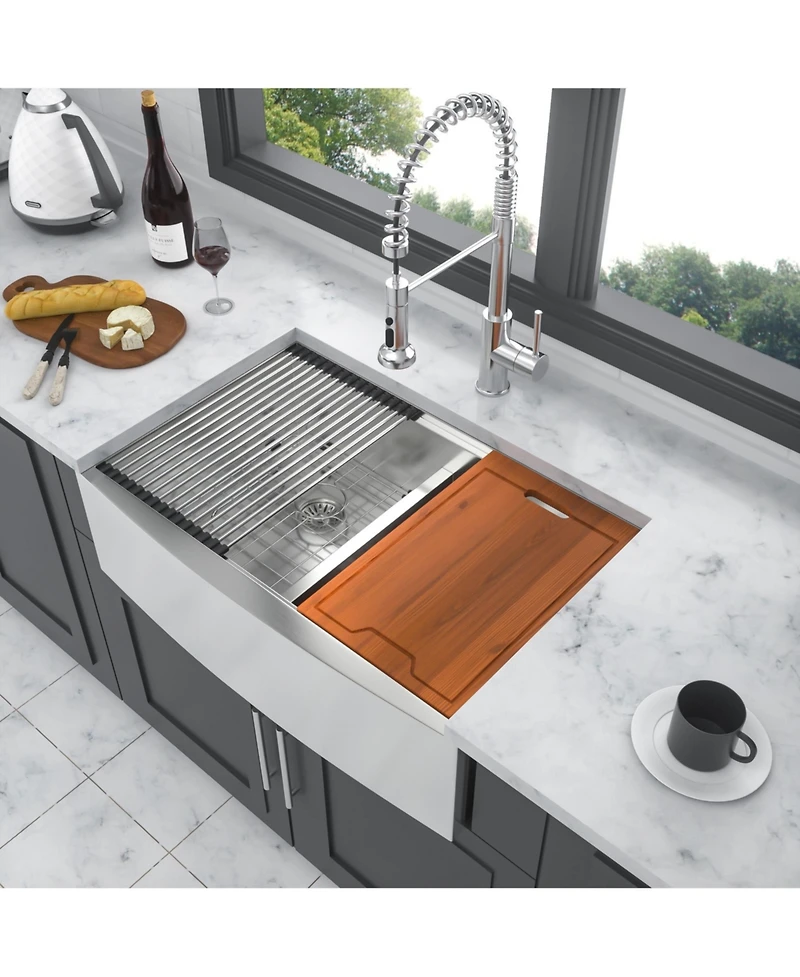 flynama 33x22x10 Inch Double Bowl 5050 Farmhouse Workstation Kitchen Sink 16 Gauge T304 Stainless Steel Apron Front With Cutting Board Colander