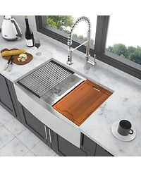 flynama 33x22x10 Inch Double Bowl 5050 Farmhouse Workstation Kitchen Sink 16 Gauge T304 Stainless Steel Apron Front With Cutting Board Colander