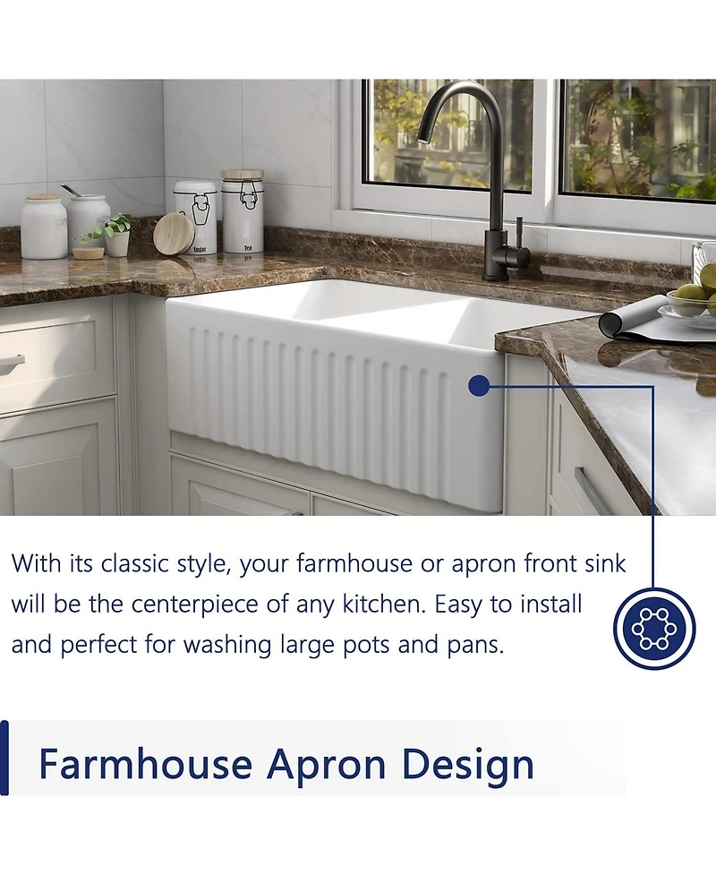 Flynama Fireclay Farmhouse Kitchen Sink, Double Basin, Apron Front, Reversible Design with Grid & Strainer, 33" x 20" x 10" Deep