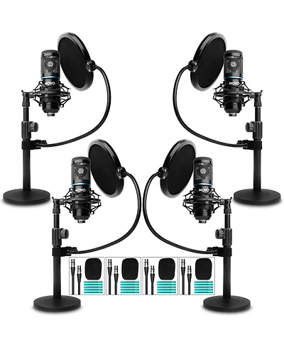 Movo 4-Pack Universal Cardioid Podcasting Microphone Bundle with Tabletop Mic Stand and Pop Filter, for Xlr Outputs