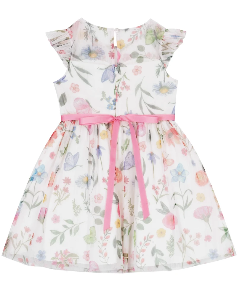 Rare Editions Girls' 2T-6X Flutter-Sleeve Round Neck Printed Dress