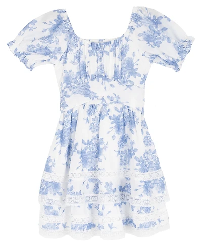 Rare Editions Girls' 7-16 Toile Puff-Sleeve Lace Trim Dress