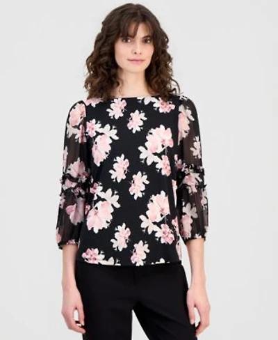 Anne Klein Womens 3 4 Sleeve Floral Print Ruffle Sleeve Top