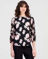 Anne Klein Womens 3 4 Sleeve Floral Print Ruffle Sleeve Top