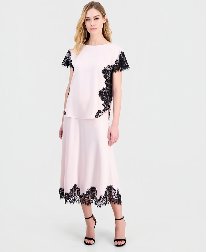 Anne Klein Women's Lace-Trim Midi Satin Skirt
