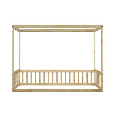Cesicia Twin Canopy Floor Bed with Safety Fence Wooden Play Guardrails for Kids Room