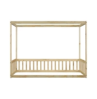 Cesicia Twin Canopy Floor Bed with Safety Fence Wooden Play Guardrails for Kids Room
