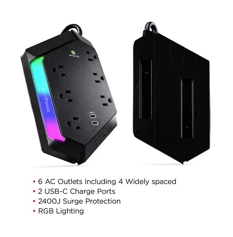 6-Outlet Rgb Surge Strip with Usb-c and Usb Ports for Home Electronics Power Protection