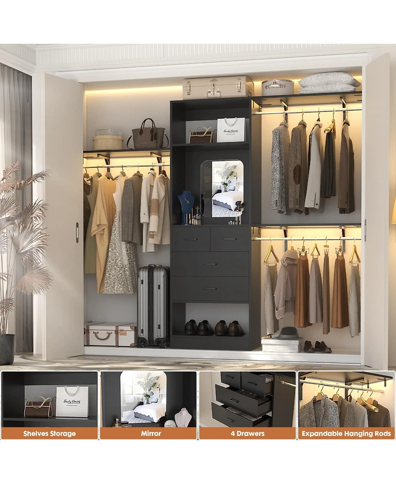 Aheaplus 96'' Closet Organizer System with 4 Drawers & Mirror, Heavy Duty Closet System with 3 Shelving Towers & Hanging Rods