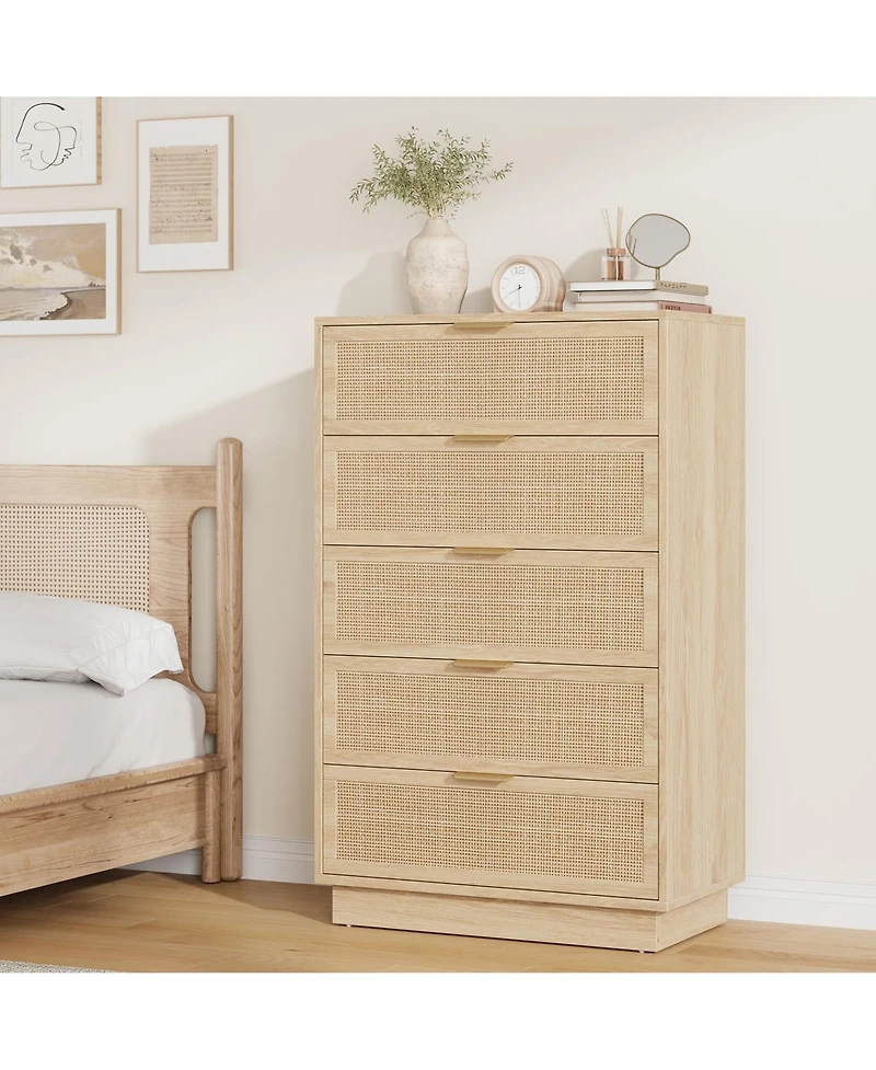 gaomon 5 Drawer Rattan Dresser for Bedroom, Integrated Cabinet Body & Legs Design