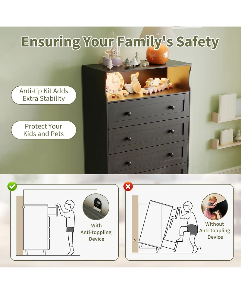 gaomon 5 Drawer Wooden Dressers for Bedroom with Led Lights & Charging Station