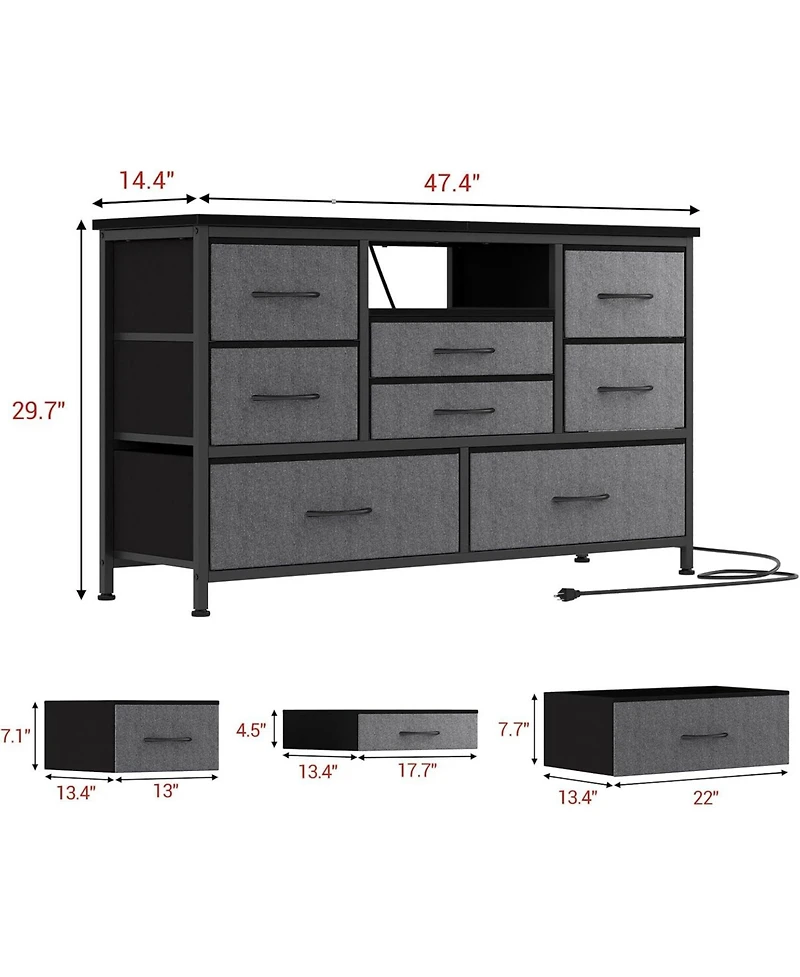 gaomon 8-Drawer Dresser Tv Stand with Led Lights and Charging Station