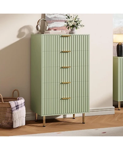 gaomon 5-Drawer Modern Fluted Green Dresser, 47.2 Inch Tall Chest with Deep Drawers, Wide Top, Organizer for Bedroom