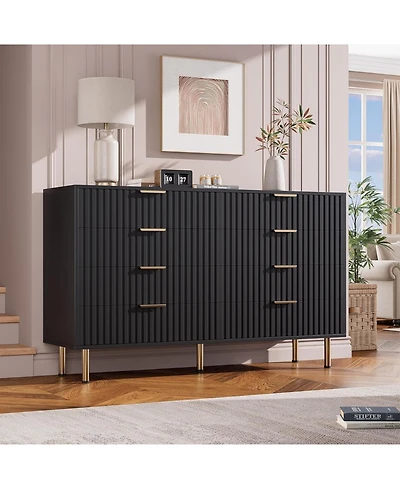 gaomon 8-Drawer Modern Fluted Black Dresser, 55 Inch Wide Chest, Deep Drawers, Wooden Organizer for Bedroom, Living Room, Kids Room
