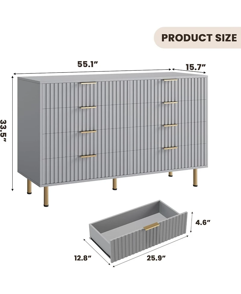 gaomon 8-Drawer Modern Fluted Dresser, 55 Inch Wide Chest, Deep Drawers, Large Organizer for Bedroom, Living Room, Kids Room