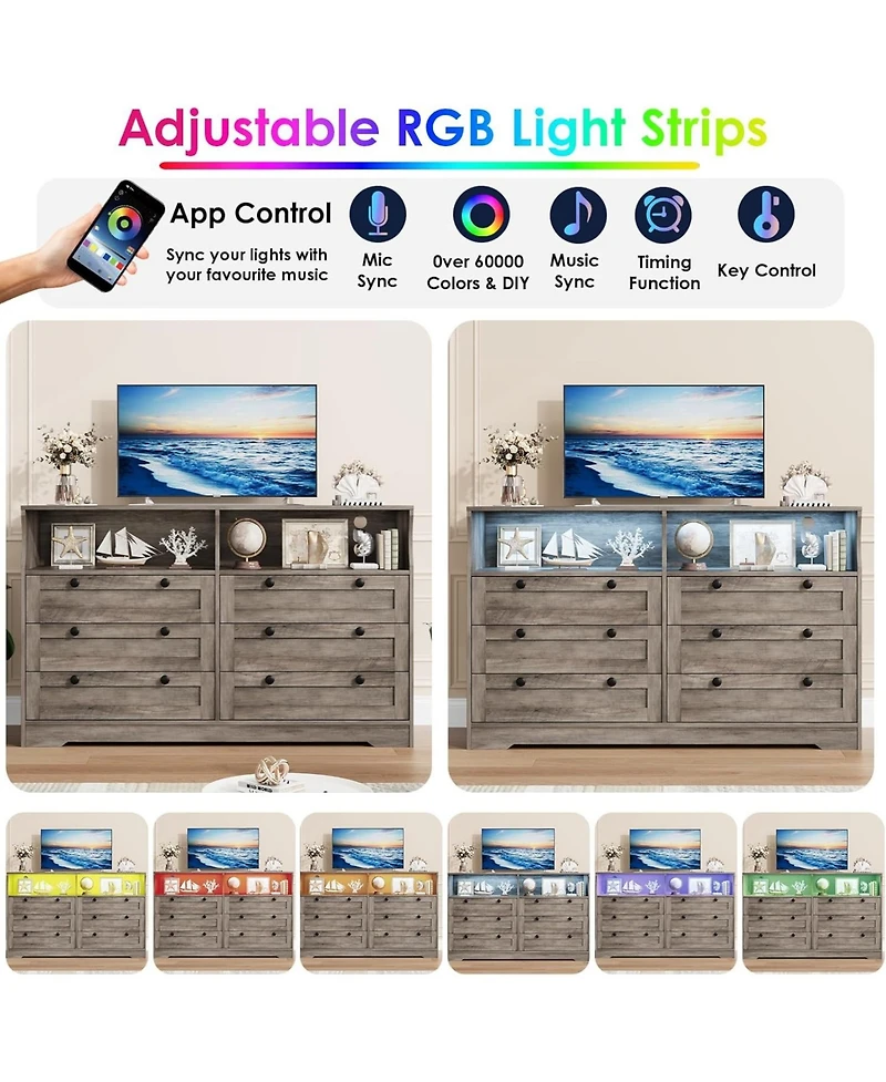 gaomon 6-Drawer Modern Dresser with Power Outlet & Led Light, Large Capacity Wood Storage Chest Tv Stand for Bedroom, Living Room