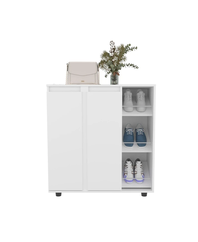 Fm Furniture Gitano Shoe Storage Cabinet, 2 Doors, 8 Enclosed Shelves, 3 Open Side Shelves, Freestanding Design, Entryway or Bedroom Use