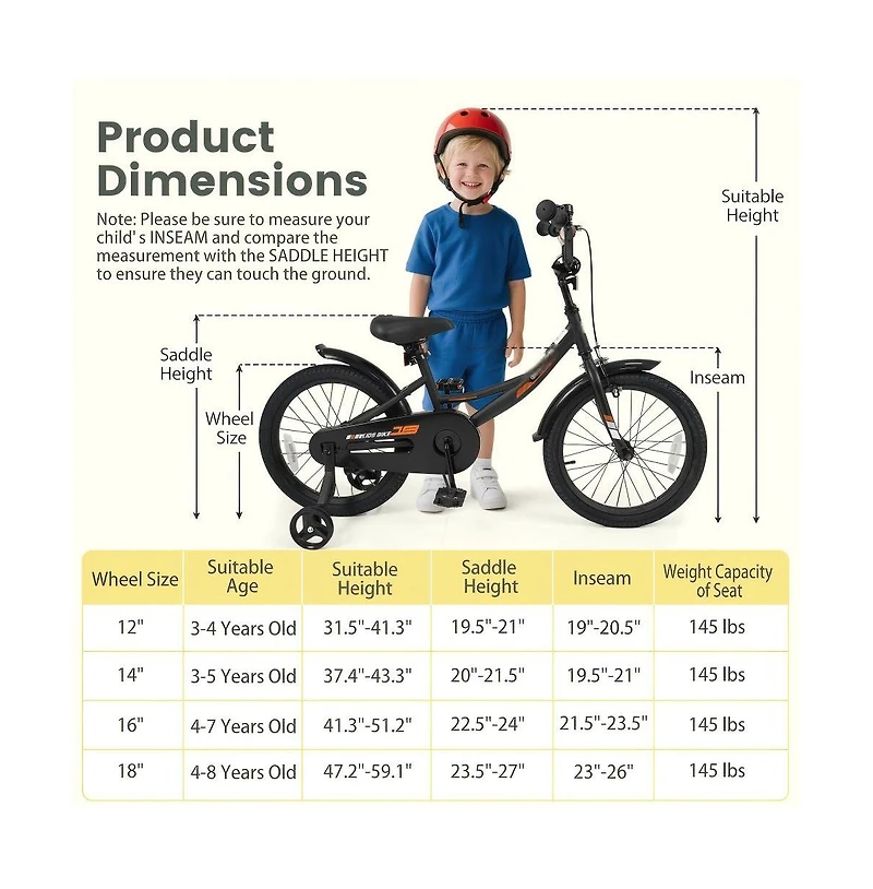 Hongge Kids Training Bike with Adjustable Seat Dual Brake System and Rubber Tires