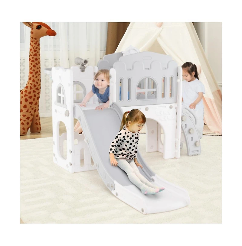 Hongge Indoor Toddler Slide Playset with Climber Tunnel Basketball Hoop and Activity Center