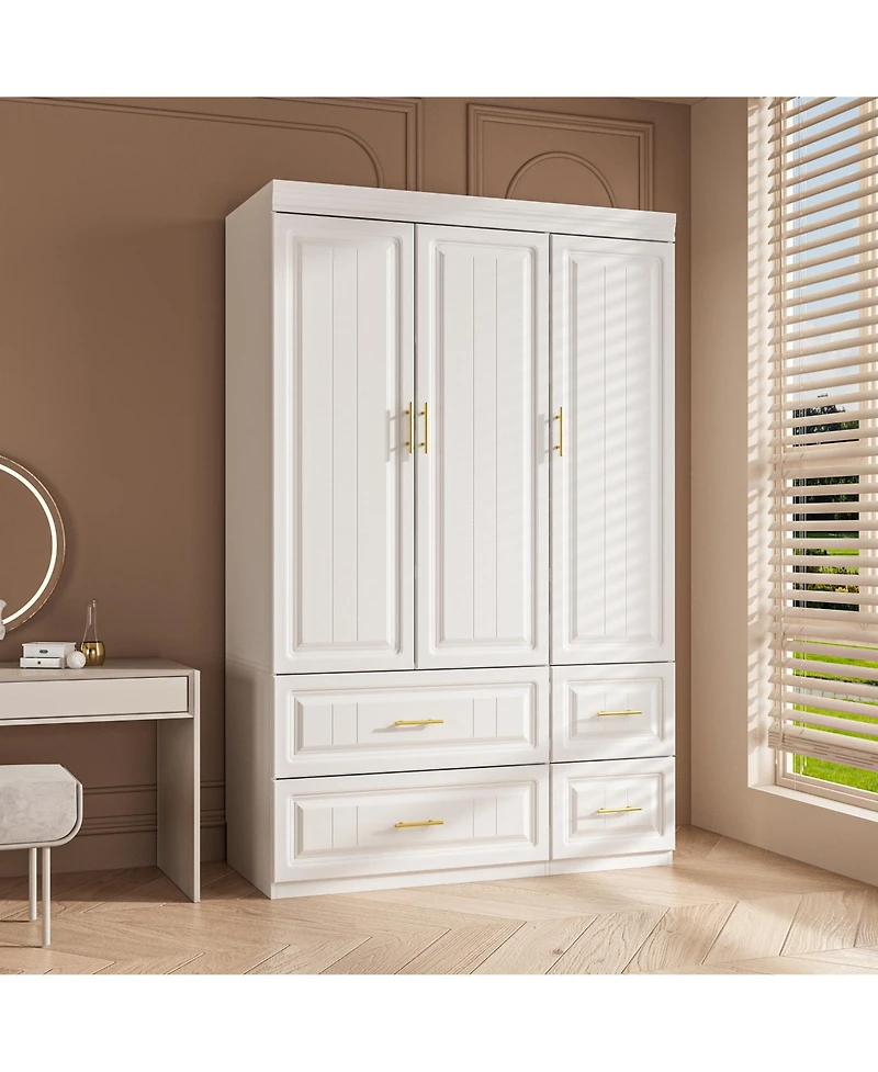 Homsee 3-Door Big Wardrobe Armoires with Hanging Rod, 4-Drawers, Storage Shelves