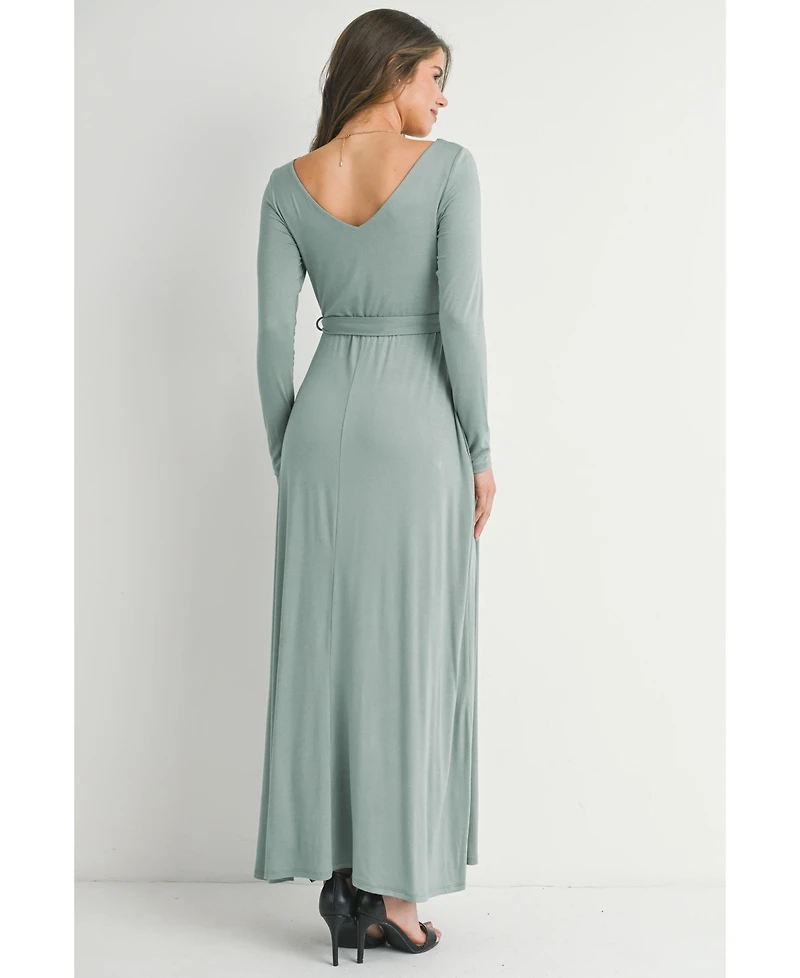 Hello Miz Maternity V Neck Long Sleeve Tie Waist Maxi Dress