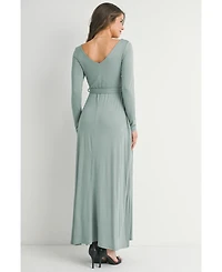 Hello Miz Maternity V Neck Long Sleeve Tie Waist Maxi Dress