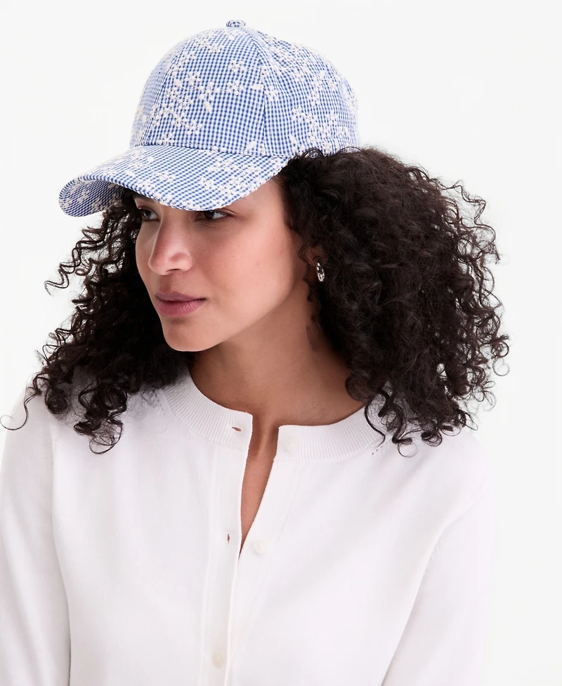 On 34th Floral Embroidered Gingham Baseball Cap, Macy's Exclusive
