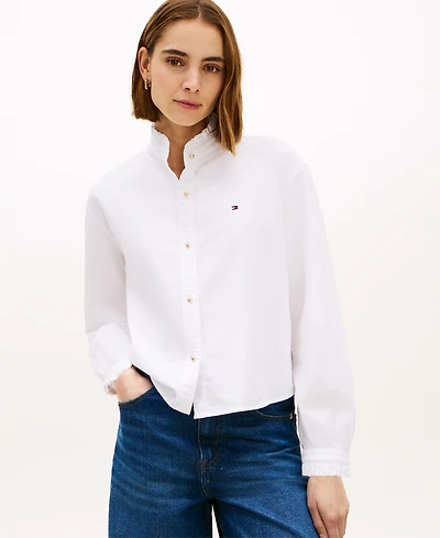 Tommy Hilfiger Women's Cropped Ruffled Oxford Collared Shirt