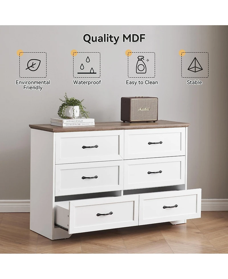 gaomon 6 Drawer White and Brown Modern Dresser, Chest of Drawers Organizers, Closet Storage Cabinet for Bedroom