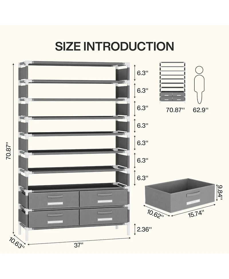 Tribesigns 10-Tier Shoe Rack, with 4 Bins Drawers, for 32 Pairs Shoes
