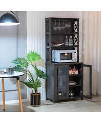 Costway Tall Freestanding Bar Cabinet Kitchen Buffet w/ Glass Holder & Adjustable Shelf