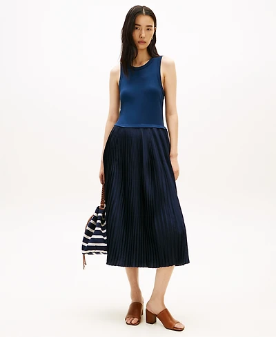 Tommy Hilfiger Women's Mix Media Pleated Sleeveless Midi Dress