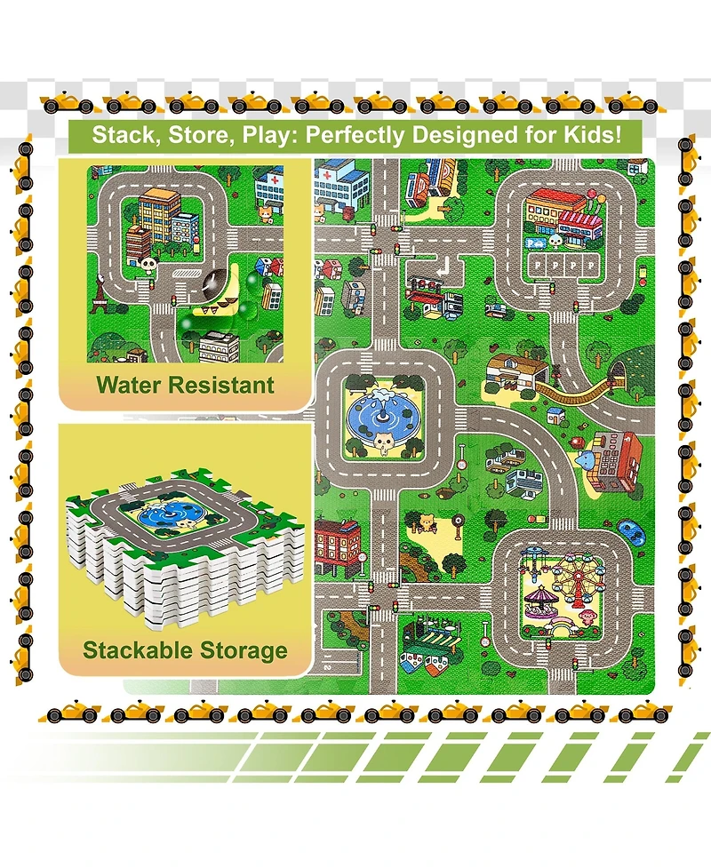 Sorbus 9 Traffic Puzzle Pattern Foam Interlocking Tiles - Children Educational Playmat - For Playroom, Nursery, Home, & More (9 Tiles with Borders)